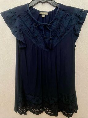 Style & Co. Navy Eyelet Tie-Front Flutter Sleeve Blouse